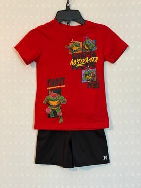 TMNT Boys XS (4/5) Ninja Turtles Red Tee & Hurley Black Shorts 2pc Set
